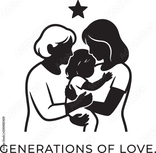 Family love generations hug, mother and grandmother holding child, star above, concept of lasting bond.