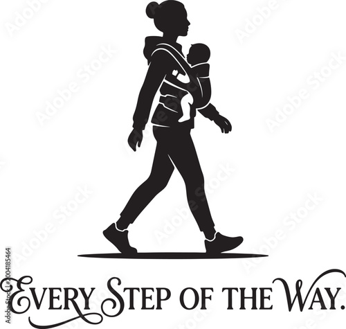 Active mother walking with baby in carrier silhouette for every step of the way concept vector graphic isolated on transparent background for parenting and health designs.