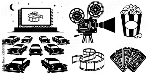 Vintage 1950s drive-in cinema silhouette set. Retro movie theater icons with classic cars, projector, popcorn, film strip, and tickets isolated