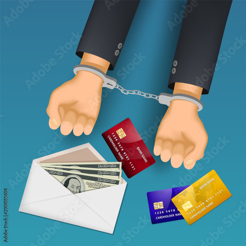 Envelope with bribe money. Businessman hands are handcuffed. Vector illustration.