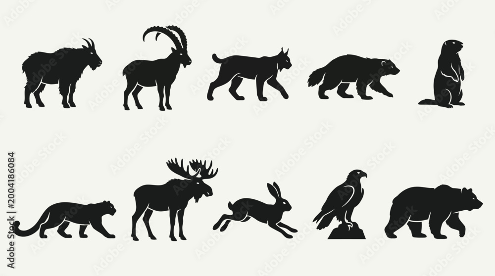 Fototapeta premium Flat silhouette icons of forest and mountain wildlife animals