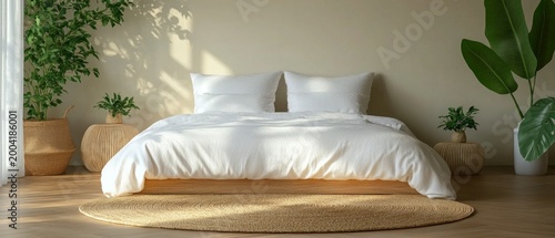 A bright bedroom with a white bed and green plants provides a cosy backdrop for furniture catalogues or blogs about minimalist interiors and healthy sleep.