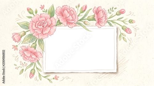 Watercolor Pink Carnation Flower Frame with Blank White Card Center on Light Background, Illustrated Floral Frame Template for Korean Parents Day Greeting Card