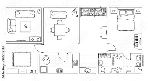 Architectural blueprint demonstrating the layout of a multi room dwelling showing living areas bedroom and bathroom facilities for home planning and real estate development purposes