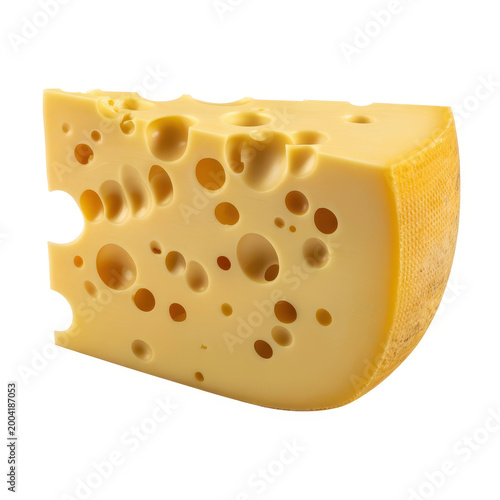 A single large wedge of swiss emmental cheese with characteristic holes on a white background