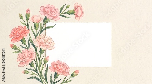 Pink Illustrated Carnation Flowers on Left Side Frame with Blank White Card on Cream Background, Asymmetric Floral Frame Template for Greeting Card Design