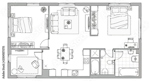 Detailed Apartment Floor Plan Layout Showing Living Room Dining Area Two Bedrooms Kitchen Two Bathrooms and Entranceways Ideal for Real Estate Development Architects and Interior Design Concepts