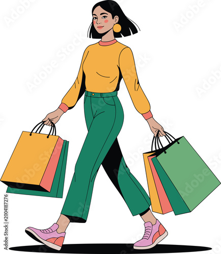 Stylish young woman walking confidently while carrying several colorful shopping bags in her hands people vector on white background.