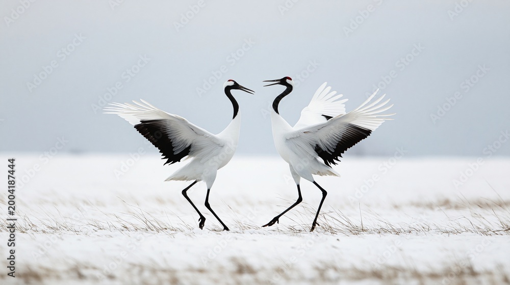 Fototapeta premium Close up of dancing Japanese cranes on a winter morning
