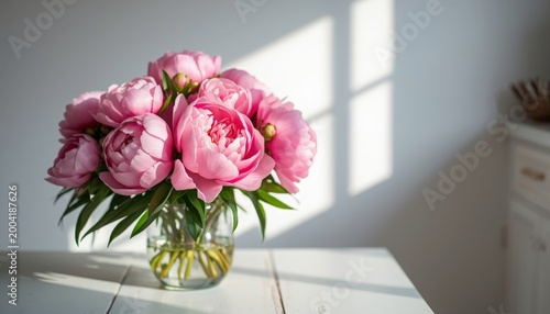 There is a vase filled with pink flowers sitting on a table