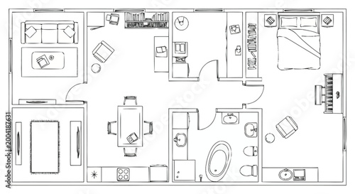 Architectural floor plan showcasing a spacious two bedroom apartment layout with living area dining room kitchen and multiple bathrooms offering a clear visualization of interior design and