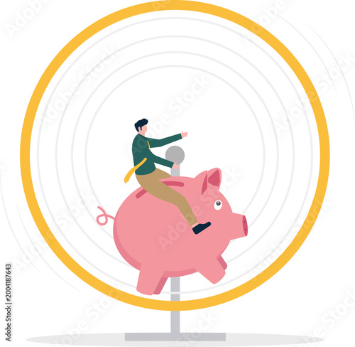 Professional riding a piggy bank in a hamster wheel