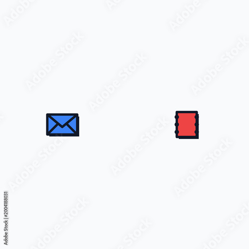 Minimalist blue envelope icon and red postage stamp icon isolated on a clean white background illustration