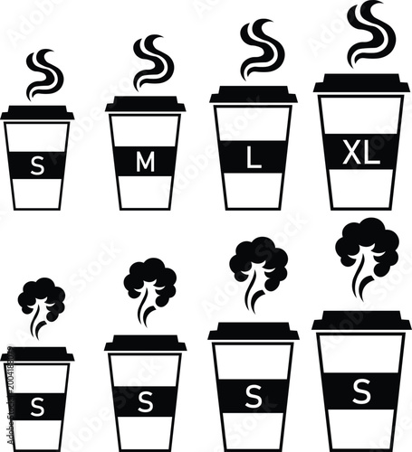  Coffee cup size icon collection takeaway paper cups in four sizes silhouette vector for cafe menu and beverage design