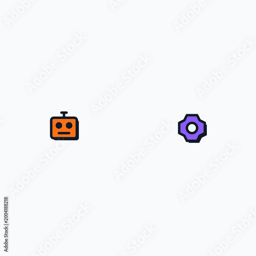 Minimalist flat design icons featuring an orange robot head and a purple mechanical gear illustration