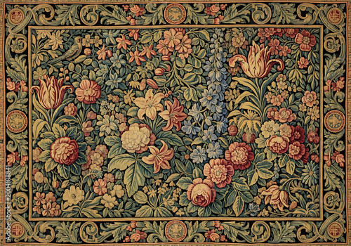 vintage floral tapestry with ornate baroque frame and rich botanical embroidery design