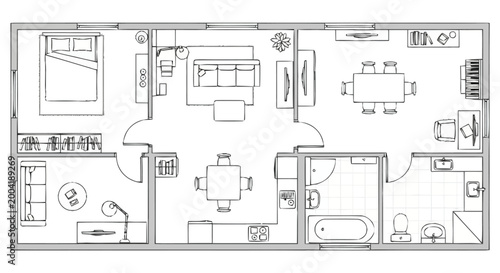 Detailed architectural floor plan layout for a compact residential dwelling showcasing multiple rooms including bedroom living area dining space kitchen bathroom and entryway demonstrating