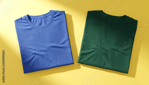 Two folded t-shirts mockup in blue and green colors laid flat on a bright yellow surface for fashion display
