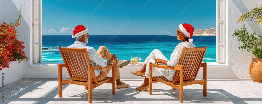 Fototapeta premium Couple wearing Santa hats relaxing on terrace chairs overlooking turquoise ocean during sunny seaside holiday