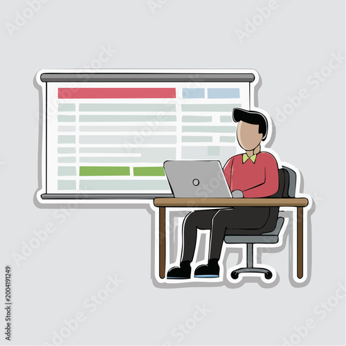 Man working on laptop in front of presentation screen