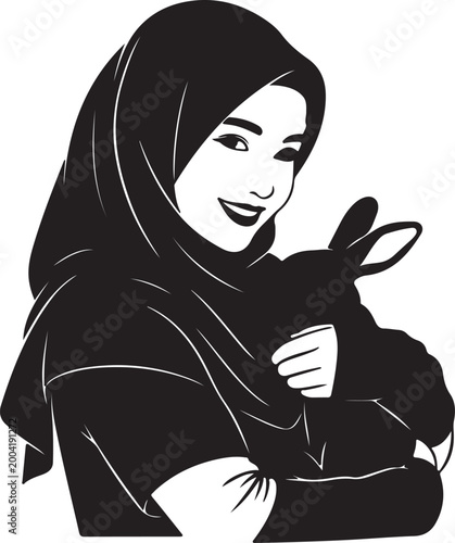Minimalist black and white profile portrait of woman in hijab, elegant cultural attire vector illustration with clean lines