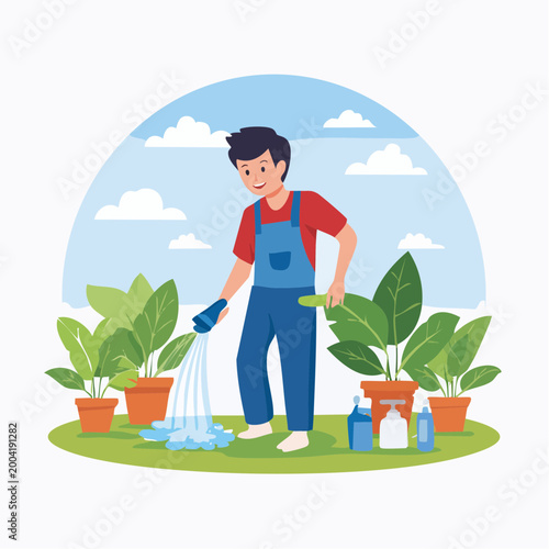 Gardener Watering Plants with Hose and Fertilizers