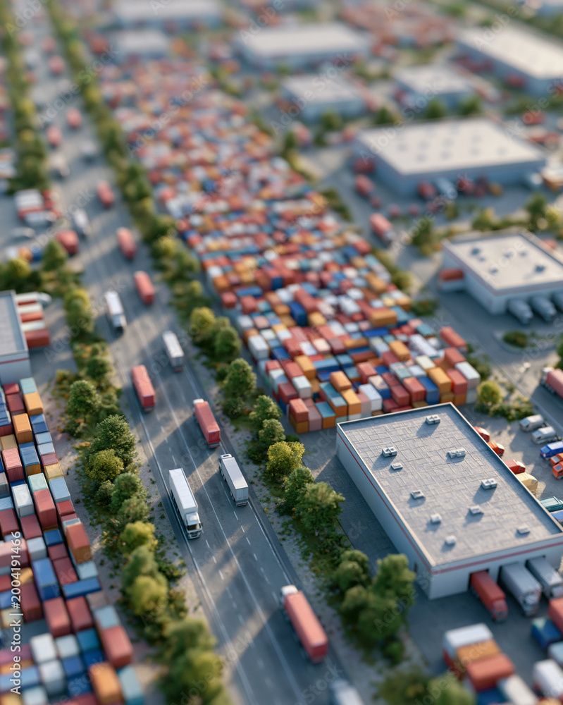 Fototapeta premium Aerial view of a bustling container port. Cars move through green-lined streets. Stacks of colorful shipping containers dominate the scene. Modern warehouses stand beside busy lanes
