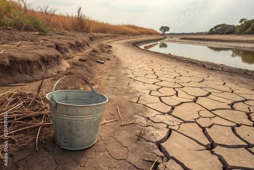 Water Scarcity and Drought Concept – Dry Cracked Land with Empty Bucket