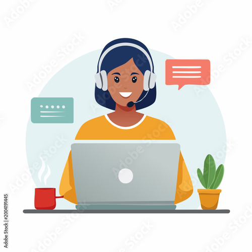 Customer Service Representative with Headset and Laptop