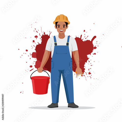 Construction worker with paint bucket and brush