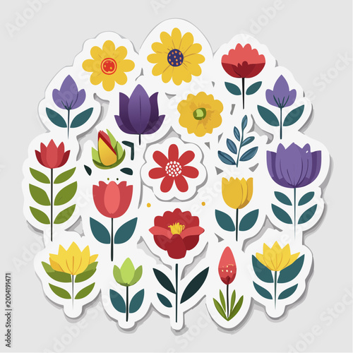 Collection of Stylized Flat Design Flowers and Leaves