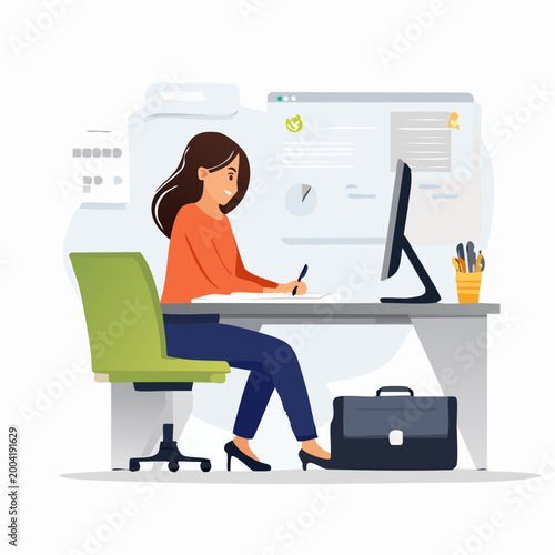 Woman working at desk with computer and notebook