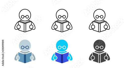 Vector illustration set depicting various icon styles of a minimalist person wearing spectacles and reading a book, symbolizing knowledge, education, and literary pursuits