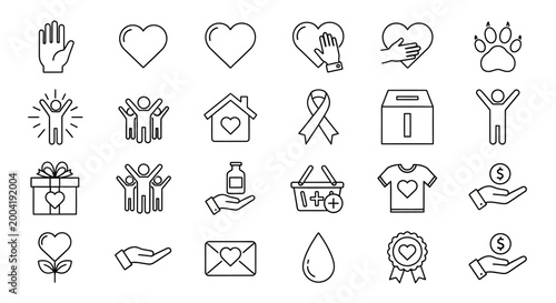 Set of icons representing charity, donation, and humanitarian aid, including hearts, hands, and giving symbols