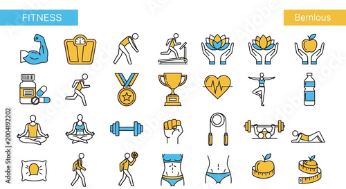 A conceptual collection of vibrant fitness, health, and wellness line icons for an active lifestyle, exercise, and sports, illustrating healthy habits and body care
