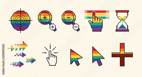 Diverse Rainbow Cursor Icons and Symbols Representing Diversity, Inclusivity, and Technology