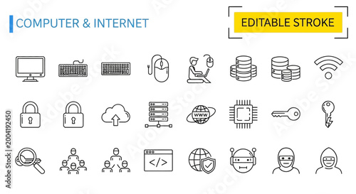 Essential vector line icons for modern computer and internet technology, covering hardware, connectivity, data security, networking, and digital communication concepts