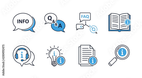 A comprehensive collection of crucial outline icons representing essential information, frequently asked questions, customer assistance, and knowledge resources for support and clarity