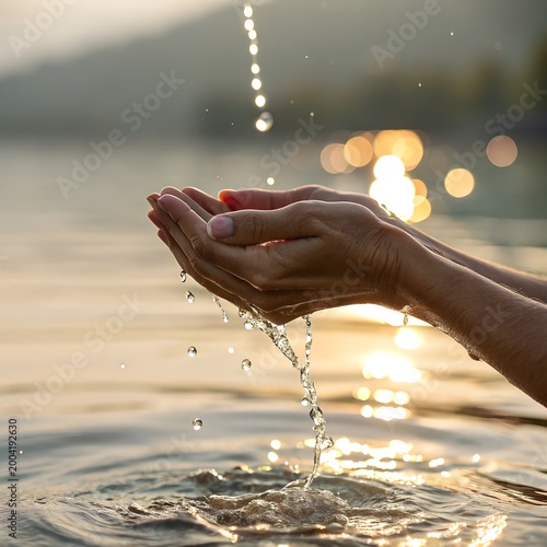 Hands Holding Water at Sunset – Clean Water, Conservation and Sustainability Concept