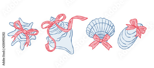 Sea scallop and set shells with pink bows, nautical coquette aesthetic illustration.