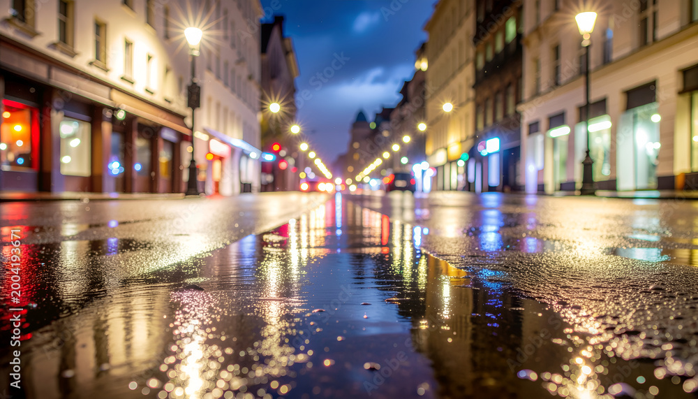 Fototapeta premium Rain soaked urban street at night with glowing reflections.