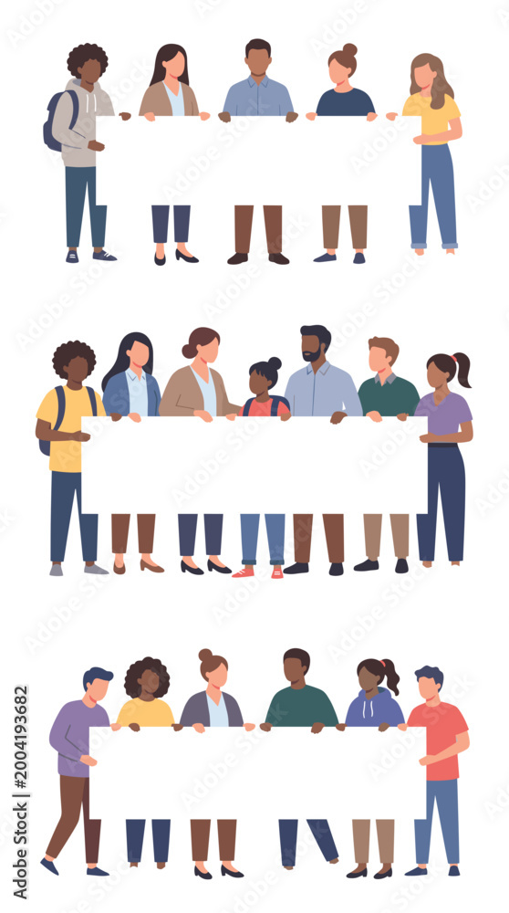 Fototapeta premium Diverse groups of people of various ages and ethnicities holding blank signs together, symbolizing unity and shared messages.