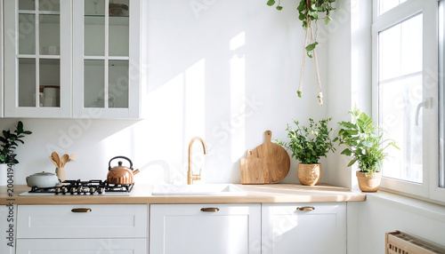 Bright White Kitchen with Large Window and Green Houseplants