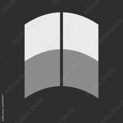 Minimalist geometric abstract graphic with open book shape in monochrome grayscale colors on dark square
