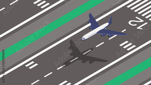 Isometric airliner lands on the airport runway. 3D cartoon vector isolated on white background