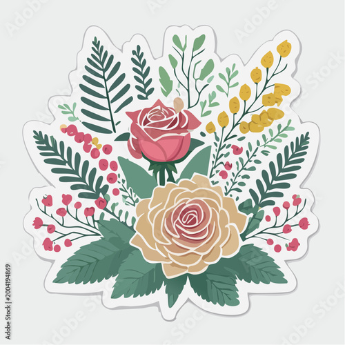 Stylized Floral Arrangement with Roses and Berries