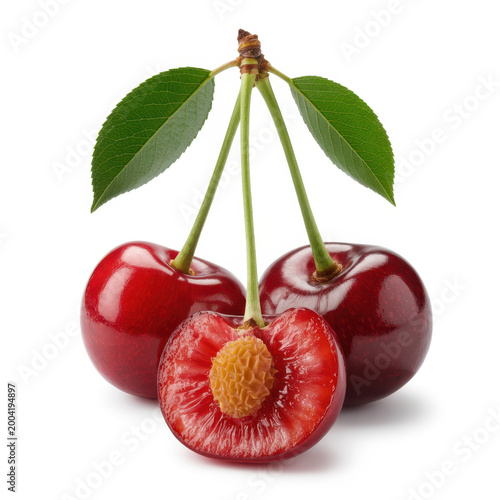 Fresh red cherries with green leaves, including one sliced in half showing the pit inside