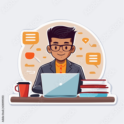 Man Working on Laptop with Coffee and Books
