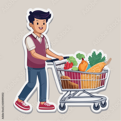 Man Pushing Shopping Cart Full of Groceries