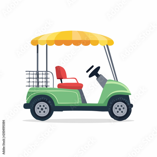 Green Golf Cart with Yellow Canopy and Red Seat